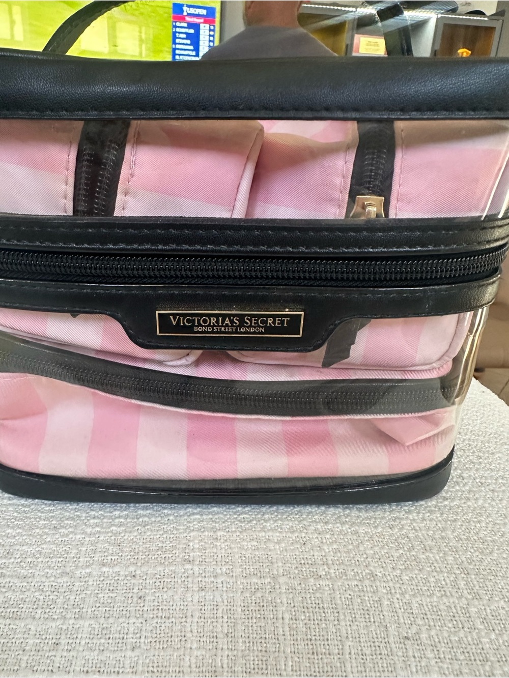 Victoria's Secret Pink and Black Clear Stripe Cosmetic Case